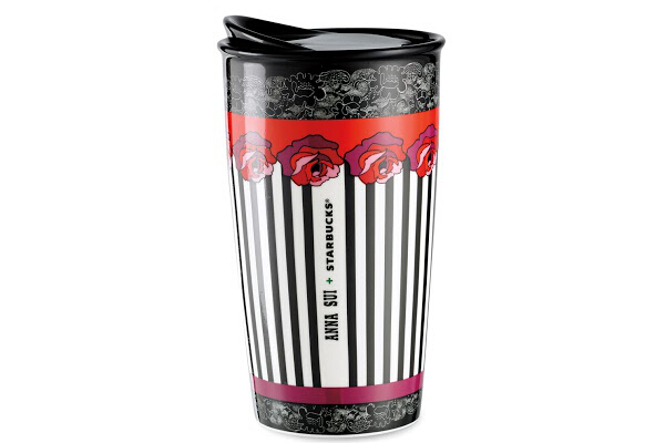 The Starbucks Anna Sui Rose Stripe Double Wall Mug reflects vintage royal elegance mashed up with a cutting edge rock ‘n’ roll aesthetic.