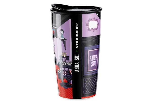 The Starbucks Boutique Double Wall Mug features Anna Sui’s iconic boutique artwork as well as a replica of a dress from Anna Sui’s fashion line inspired by Marie Antoinette.